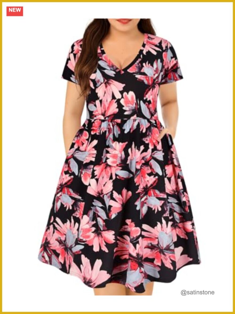 Plus Size V-Neck Short Sleeve Floral Boho Dress with Pockets